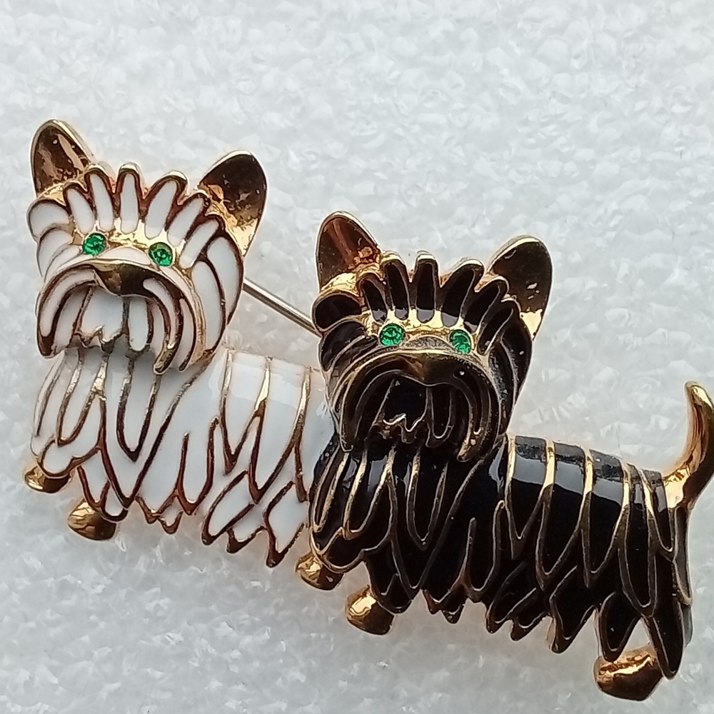 Butler Two Black And White Enamel Terrier Dogs  Brooch with Gold Tone